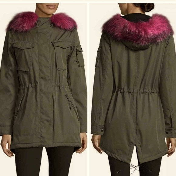 ❤️❤️ S13 Army Green Parka Electric pink Faux Fur Hood ❤️❤️size s - Picture 1 of 5